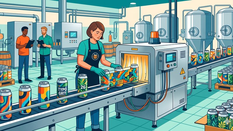 Современная иллюстрация процесса упаковки крафтового пива с использованием профессиональной термоусадочной машины для пивоварен